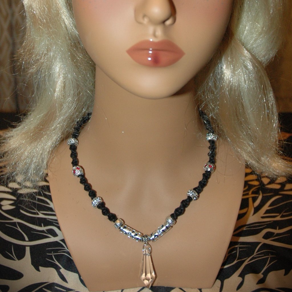 Clear Prism With Red & Clear Rhinestone Accents On Handmade Black Hemp Chain